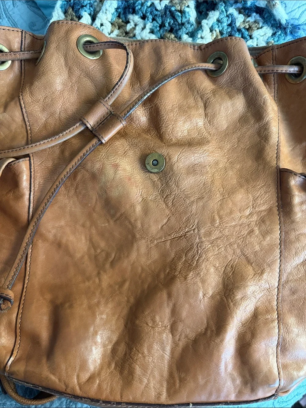 PREOWNED Vintage Fossil Classic Tan Leather Backpack Medium Size